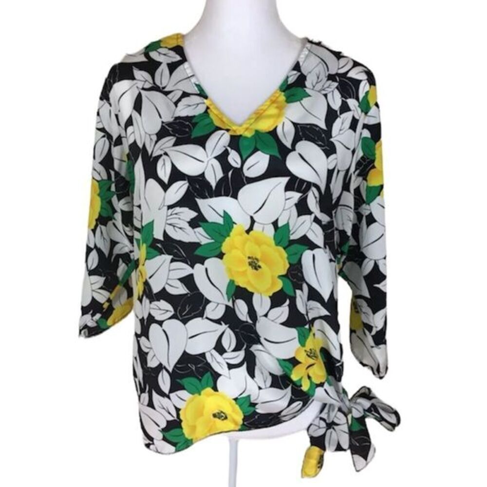 Vintage Teddi Of California 70's Yellow White‎ Floral 3/4 Sleeve Blouse Size 10